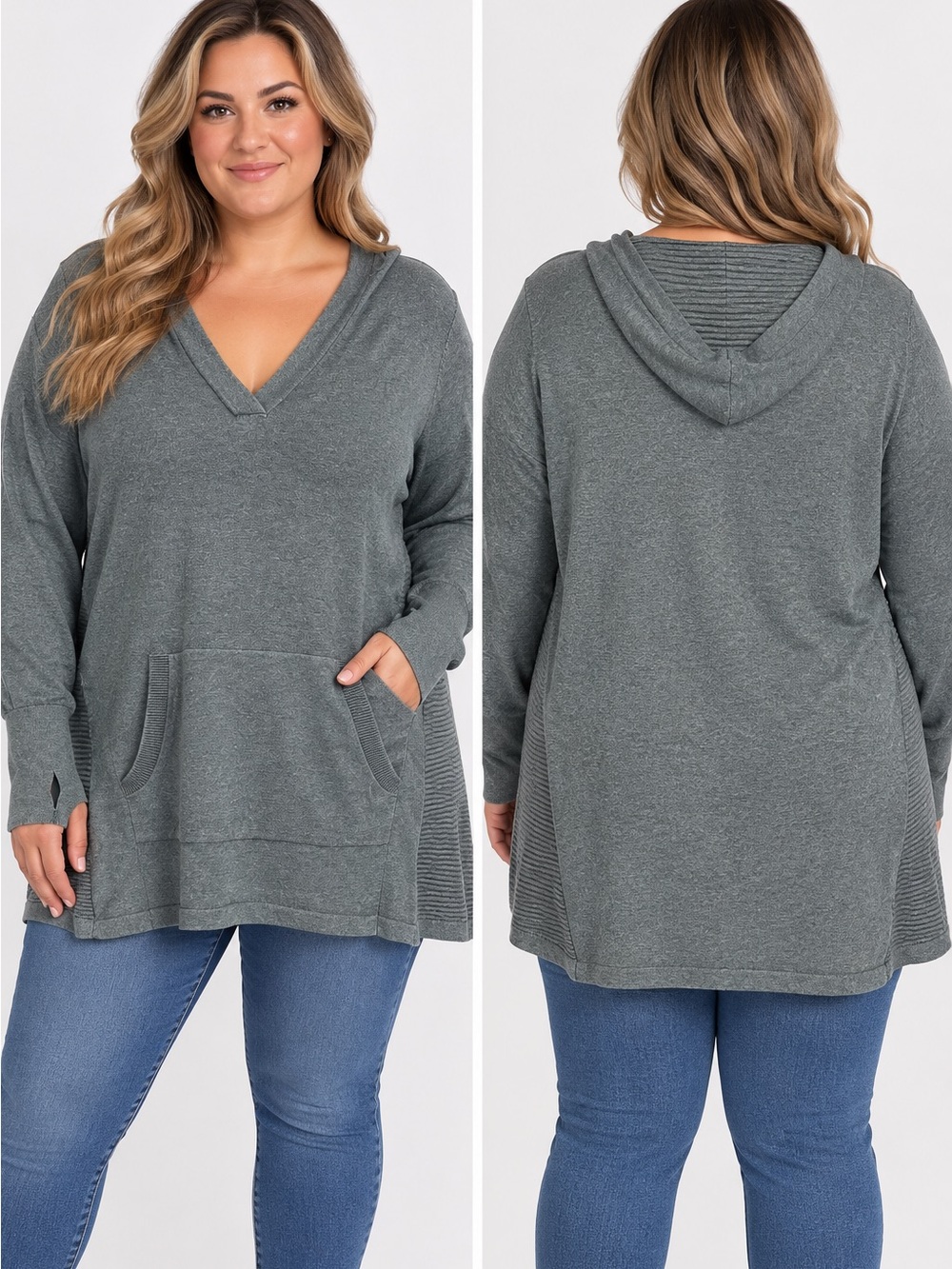 Aspen Women's Grey V-Neck Hooded Sweater Tunic 1X | Kangaroo Pocket